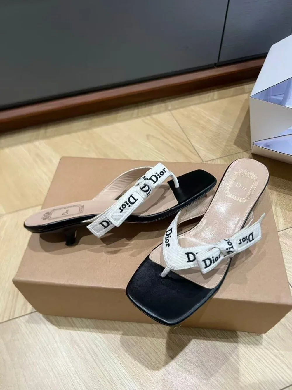 Dior Black Leather Logo Ribbon Bow Kitten Heel Thong Mule Sandals